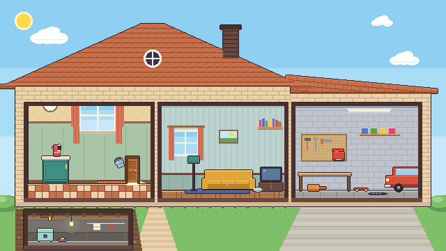 Cutaway of the house in Nora's Traps: kitchen, living room, garage and basement
